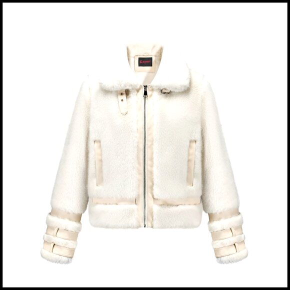 Faux Fur Cropped Jacket Belted Winter Coat Fuzzy Cuff Zipper Warm Outerwear